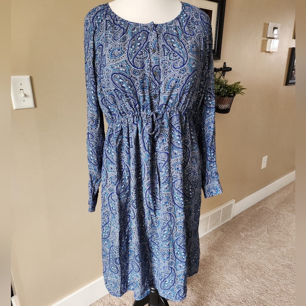 Gap long sleeve cinched waist midi dress paisley lightweight XL flowy